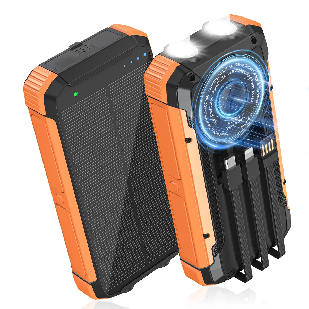 20,000mAh Portable Solar Power Bank with 4 Foldable Panels, Built-In Cables, Wireless Charging & LED Flashlight – Backup Phone Charger for Camping, Travel & Power Outages