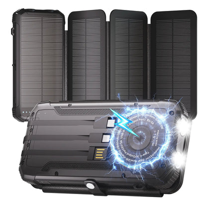20,000mAh Portable Solar Power Bank with 4 Foldable Panels, Built-In Cables, Wireless Charging & LED Flashlight – Backup Phone Charger for Camping, Travel & Power Outages