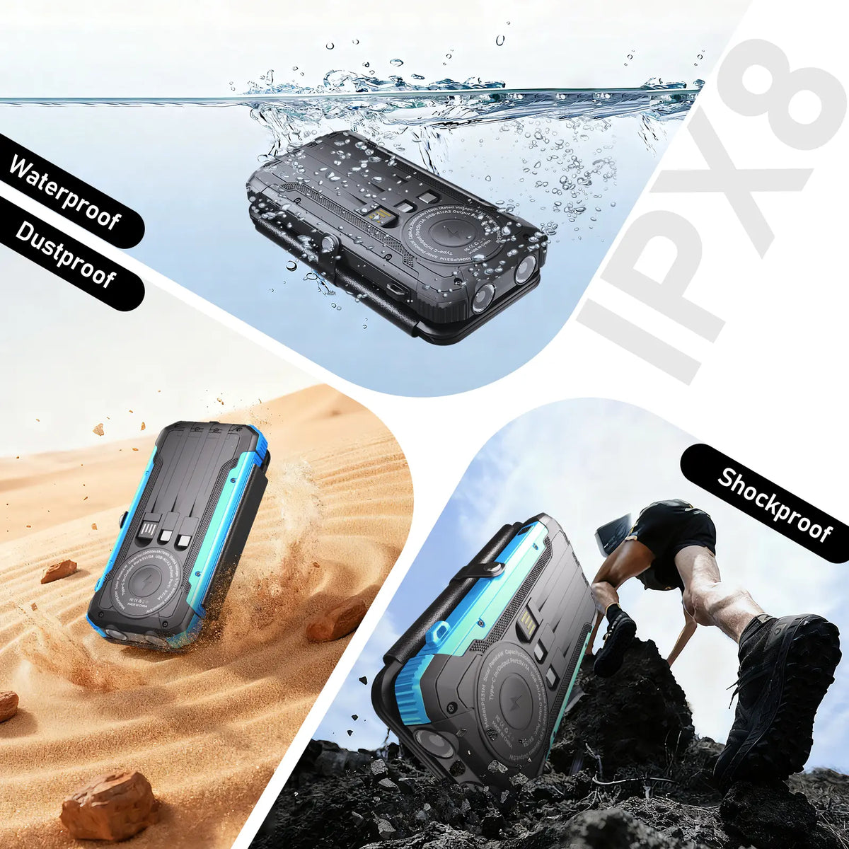 20,000mAh Portable Solar Power Bank with 4 Foldable Panels, Built-In Cables, Wireless Charging & LED Flashlight – Backup Phone Charger for Camping, Travel & Power Outages