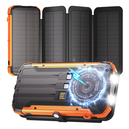 20,000mAh Portable Solar Power Bank with 4 Foldable Panels, Built-In Cables, Wireless Charging & LED Flashlight – Backup Phone Charger for Camping, Travel & Power Outages