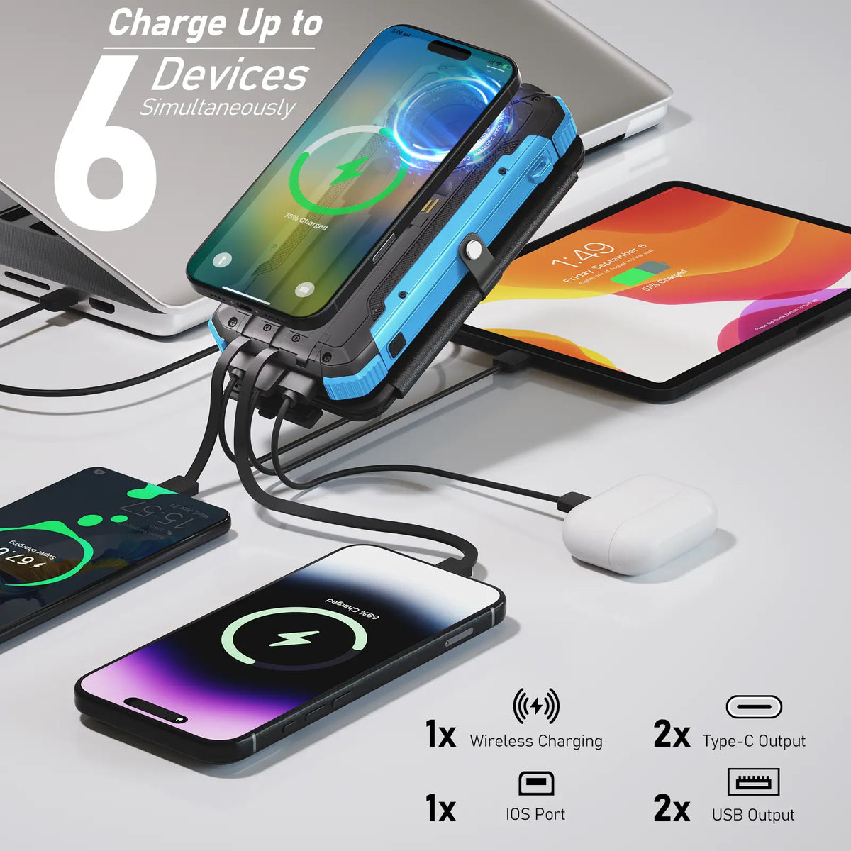20,000mAh Portable Solar Power Bank with 4 Foldable Panels, Built-In Cables, Wireless Charging & LED Flashlight – Backup Phone Charger for Camping, Travel & Power Outages