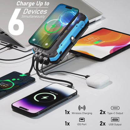20,000mAh Portable Solar Power Bank with 4 Foldable Panels, Built-In Cables, Wireless Charging & LED Flashlight – Backup Phone Charger for Camping, Travel & Power Outages