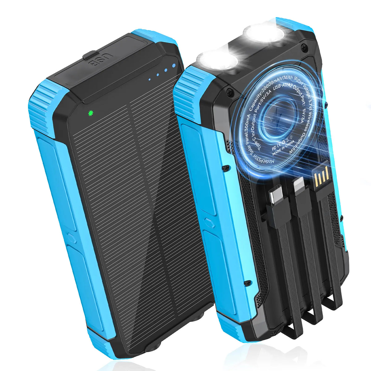 20,000mAh Portable Solar Power Bank with 4 Foldable Panels, Built-In Cables, Wireless Charging & LED Flashlight – Backup Phone Charger for Camping, Travel & Power Outages