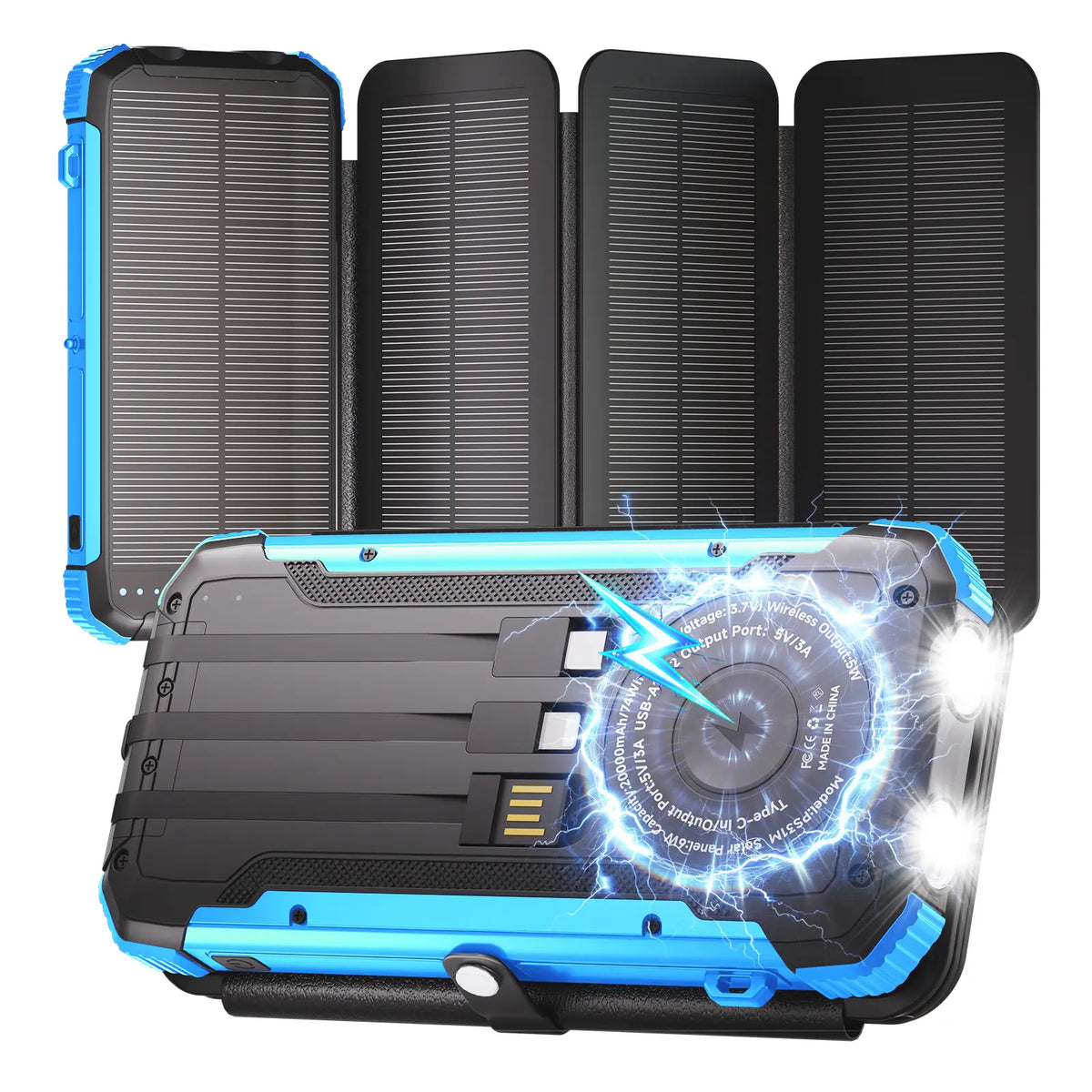 20,000mAh Portable Solar Power Bank with 4 Foldable Panels, Built-In Cables, Wireless Charging & LED Flashlight – Backup Phone Charger for Camping, Travel & Power Outages