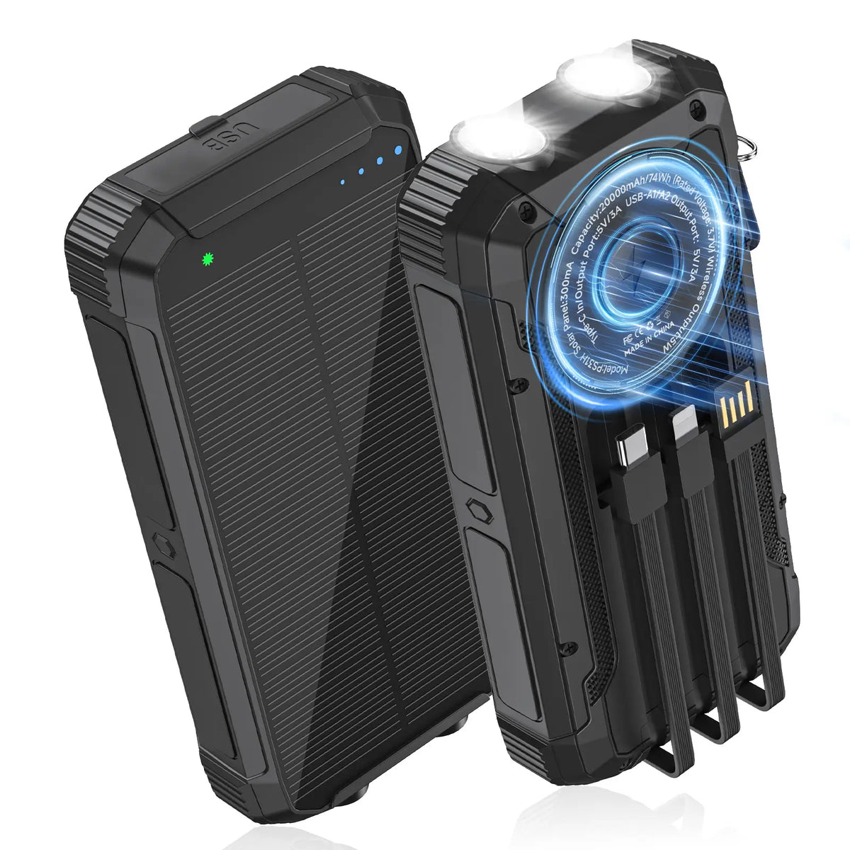 20,000mAh Portable Solar Power Bank with 4 Foldable Panels, Built-In Cables, Wireless Charging & LED Flashlight – Backup Phone Charger for Camping, Travel & Power Outages
